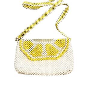 BOUFFANTS and BROKEN HEARTS Kendra Bag Dandy Lemon Beaded Crossbody Purse White